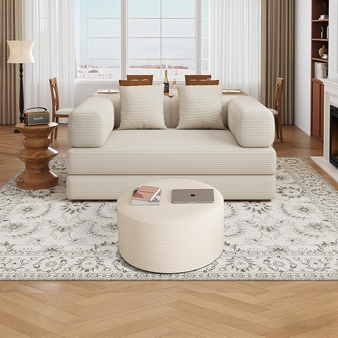 Coffee Table 32”Ottoman for Couch Plush Corduroy Memory Foam Footstool Cloud Boneless Sectional for Living Room Round Side Table Cushiong No Assembly Makeup Desk (Beige, 32")