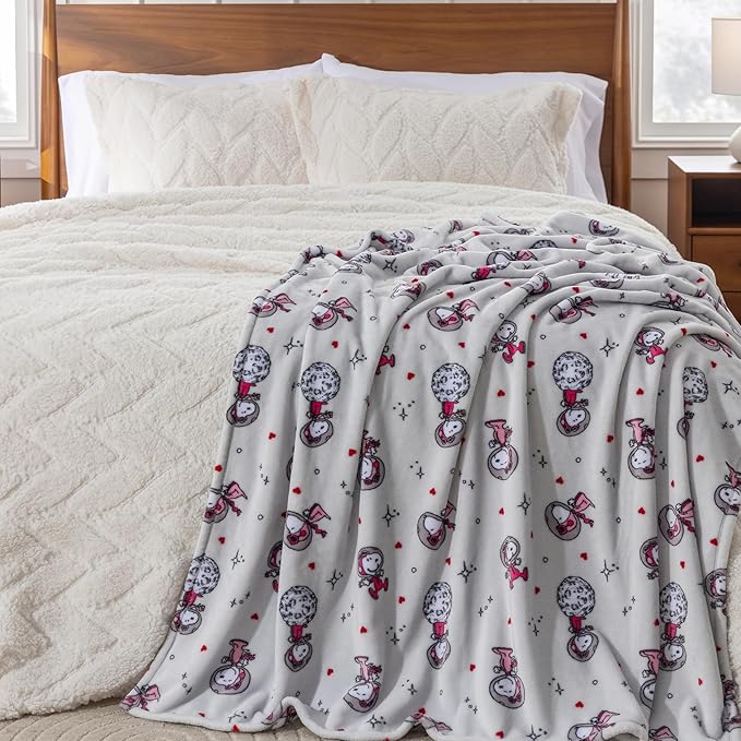 Berkshire Peanuts® VelvetLoft® Cute Character Snoopy Plush Blanket,Over the Moon for You Light Grey,King 90 in x 108 in (Official Peanuts® Product)