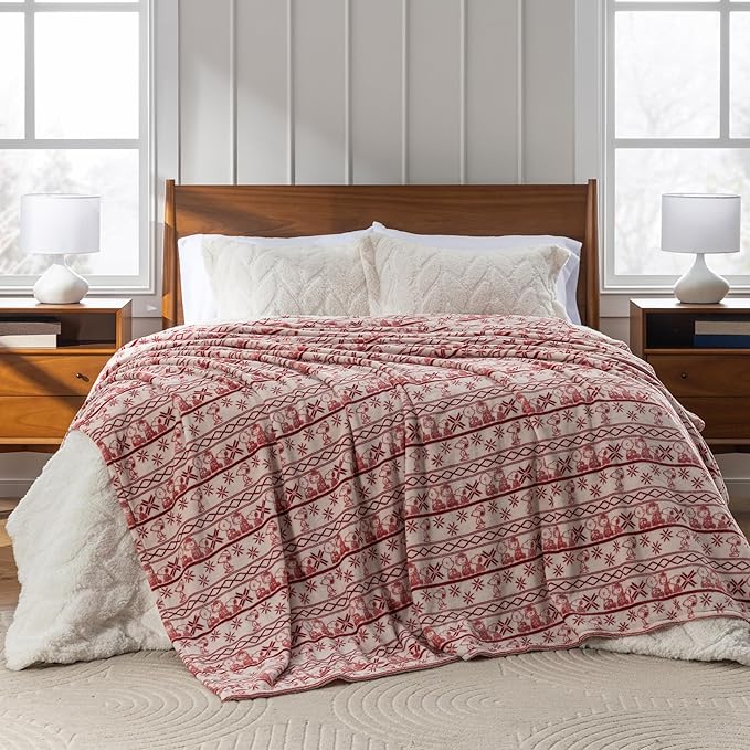 Berkshire Peanuts® VelvetLoft® Cute Character Snoopy Plush Blanket,Cozy Fairisle Crimson Neutral,King 90 in x 108 in (Official Peanuts® Product)