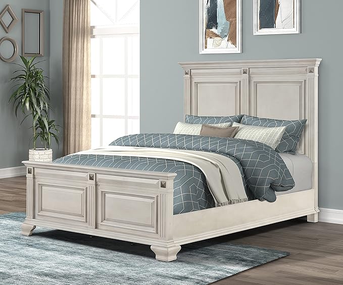 Roundhill Furniture Renova Distressed Parchment Wood Bedroom Set, Queen Panel Bed, Dresser, Mirror, Nightstand, Chest