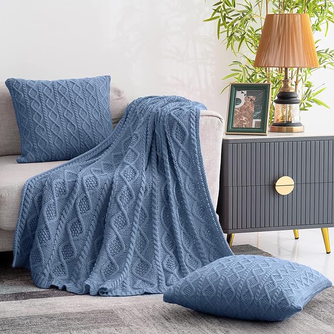 Homiest Cable Knit Throw Blanket and Pillow Set, Grayish Blue Throw Blanket Set of 3, Knitted Throw Blanket (50"x60") & 2 Pillow Covers (18"x18"), Soft & Cozy Decorative for Couch Sofa Bed