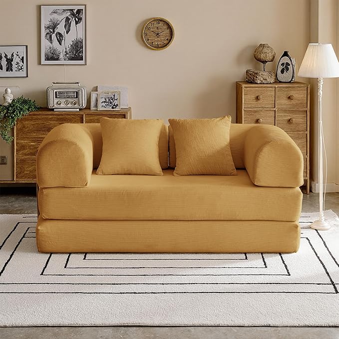 63'' Convertible Compressed Corduroy Folding Sofa Bed, Modern Modular Boneless Pull Out Loveseat Sleeper in a Box, 5 in 1 Floor Mattress Futon Couch, No Assembly Needed, Yellow, 2 Pillows, Queen