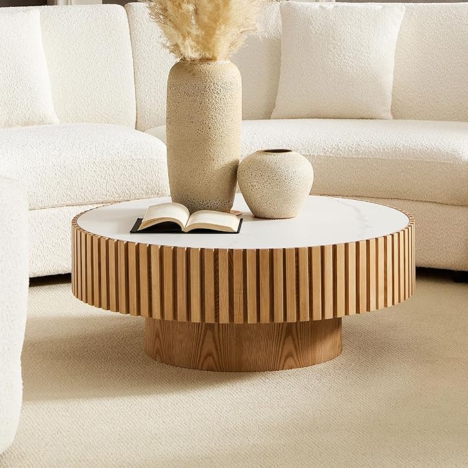WILLIAMSPACE 35.43" Round Coffee Table with Sintered Stone Tabletop, Modern Farmhouse Wood Circle Drum Center Table for Living Room, Accent Side End Table for Apartment, 13.77" H (Oak+White)
