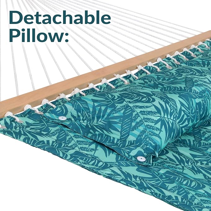 Sunnydaze Quilted Double Hammock for Outside with Spreader Bars and Pillow - 450 lb Capacity, 74x55 Inch Bed, UV Resistant, Quick Dry - Chains Included, Stand Sold Separately - Cool Blue Tropics - Image 7