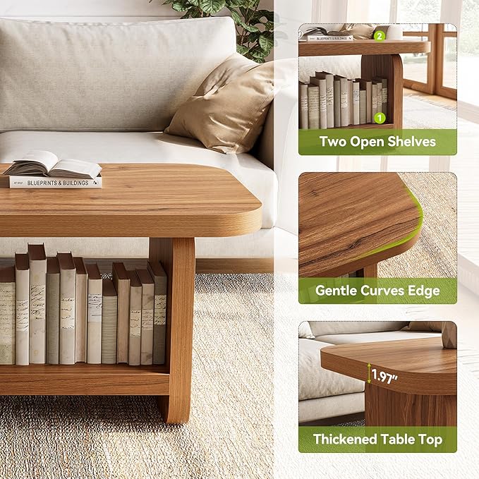 LITTLE TREE Wooden Coffee Table, 47.2" Center Table with Storage, Modern Farmhouse Rectangle Living Room Tables with Rounded Corners for Living Room, Bedroom, Kids Room, Home Office, Brown