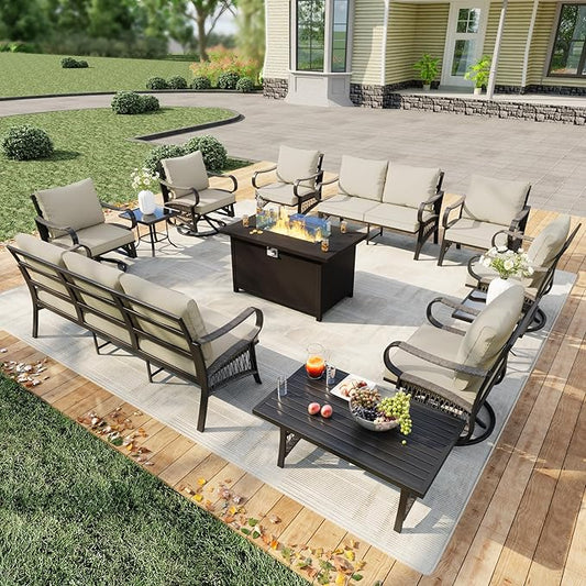 12 Pieces Outdoor Patio Conversation Sets, Outdoor Furniture Set Metal 3-Seater 4 Swivel Rockers with 2 Side Tables 2 Single Chairs 1 Loveseat with Coffee Table and Fire Pit Table for Backyard, Beige