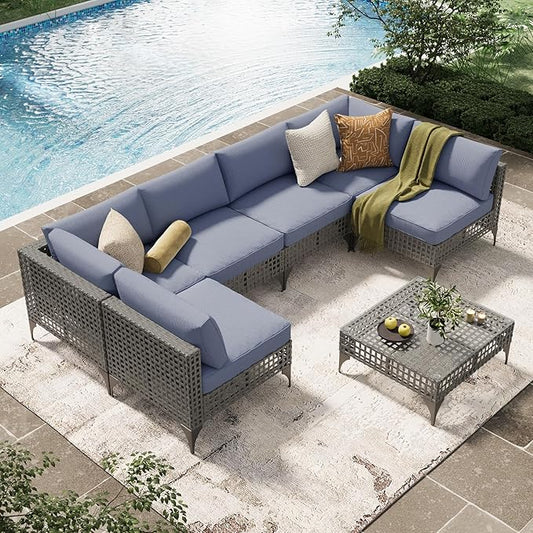 U-MAX 7-Piece Patio Furniture Set with Tea Table, Boho Outdoor Furniture Set Sectional Sofa Wicker Conversation Set, Grey Rattan&Blue