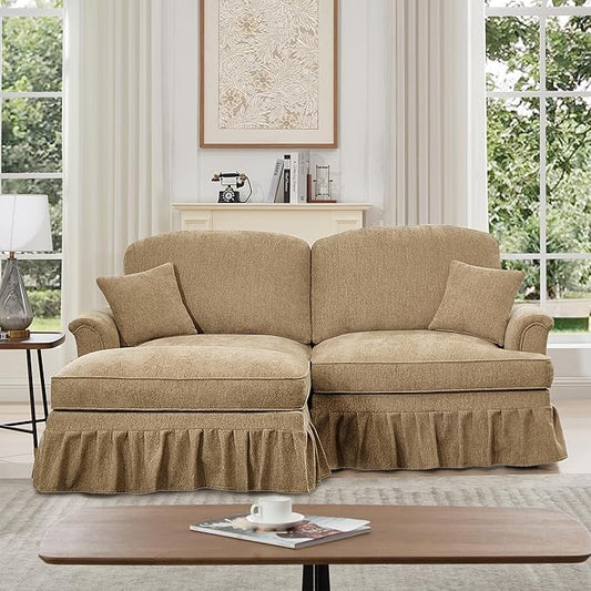 KEIKI Mid Century Modular Sofa with Flared Arms and Skirted Design, 76" Loveseat with Ottoman Chenille L-Shaped Sectional Couches for Living Room, Comfortable Chaise Lounge Indoor, Light Coffee