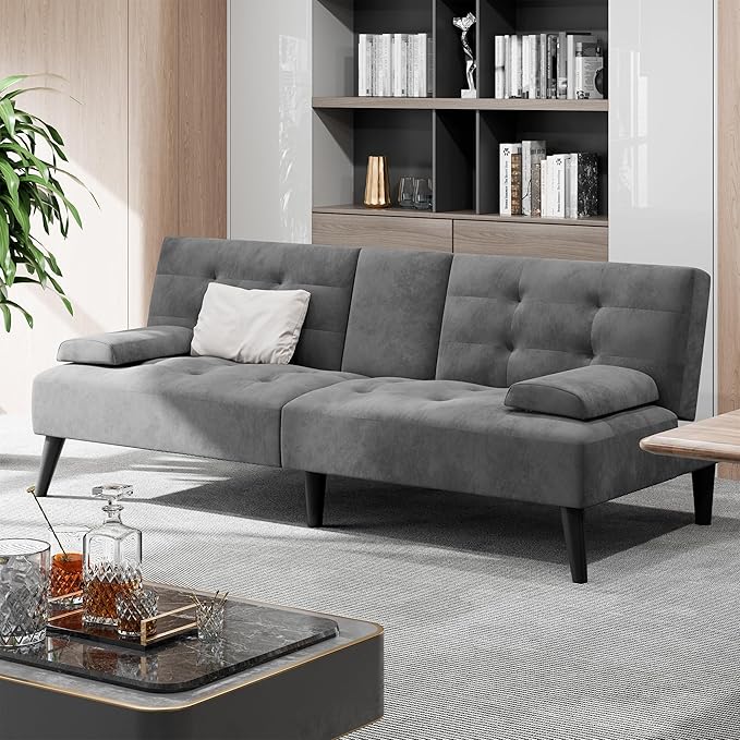 Shintenchi Futon Sofa Bed, Velvet Foldable Couch, Reclining Sleeper with Removable Armrests, Upholstered Loveseat Sofa Couch with Folding Cup Holders for Home, Office, Dark Gray