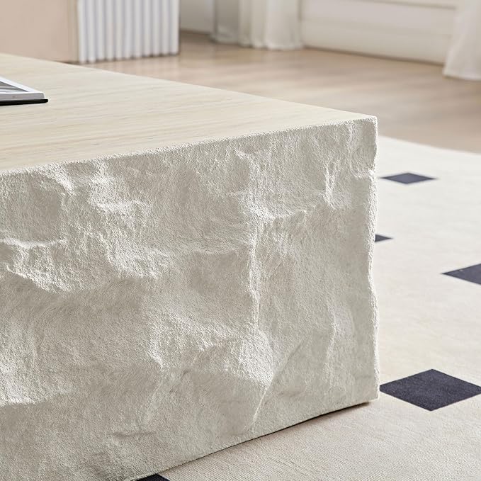 Square Coffee Table for Living Room Modern Center Table for Apartment, No Need Assembly (Fiberglass 35.43'' Cement Stone Pattern)