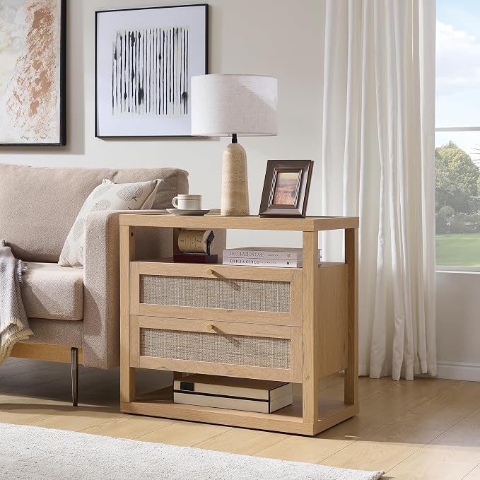 VividVibe Natural Oak Night Stand Set 2, Nightstand with Drawers and Storage Shelf - Rattan Boho Bedside Tables Large Nightstands Wooden Bed Side Table, Modern Farmhouse Accent Rustic End Table - Image 8