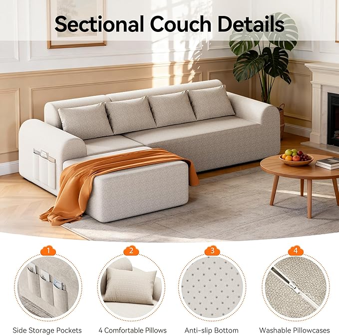105.5" Cloud Boneless Sectional Sofa with Ottoman & 4 Pillows, L-Shaped 4-Seater Modular Couch for Living Room, Ultra Deep Seat Chenille Fabric Sofa, No Assembly Required, Beige