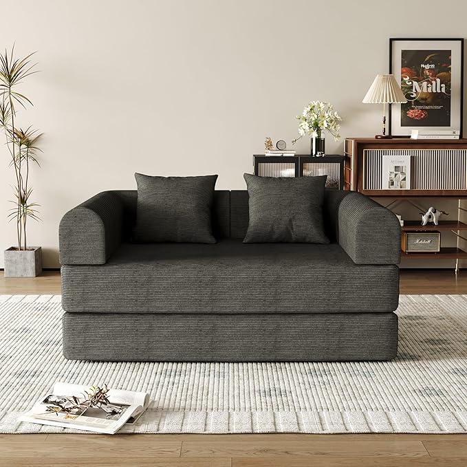 53.15'' Convertible Compressed Corduroy Folding Cloud Sofa Bed, Modern Boneless Pull Out Loveseat Sleeper in a Box, 4 in 1 Floor Mattress Futon Cloud Couch, No Assembly Needed, Grey, 2 Pillows, Full