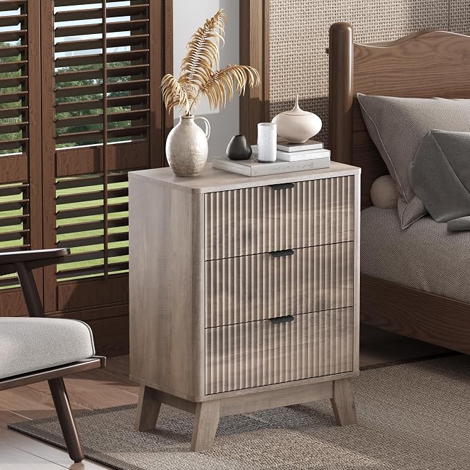 Wodeer Night Stand with 3 Drawers, Mid Century Modern Wood Bedroom Nightstand, Bedside Table & End Table with Metal Handles, Farmhouse Nightstand for Bedroom, Grey by WODEER