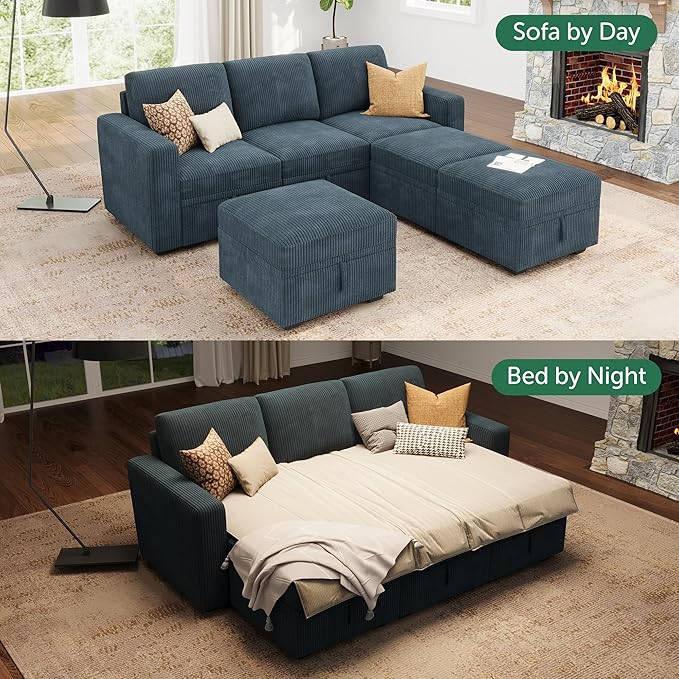 HONBAY Modular Sectional Sleeper Sofa Bed, Pull Out Couch with Storage Ottoman, U Shaped Sectional Couches for Living Room, Blue