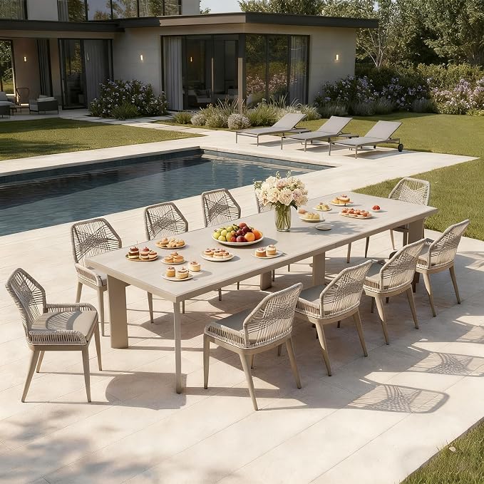 PURPLE LEAF 11 Pieces Patio Dining Set Aluminum Oversize Rectangular Table and Wicker Chairs with Cushions for Kitchen Porch Garden Modern Outdoor Furniture Sets, Champagne by PURPLELEAF