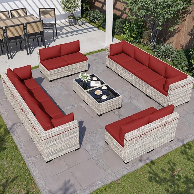 14-Piece Outdoor Patio Furniture Set, PE Wicker Rattan Sectional Sofa Conversation Set with Tempered Glass Table & Thick Cushions - All-Weather Garden, Backyard Furniture, Red