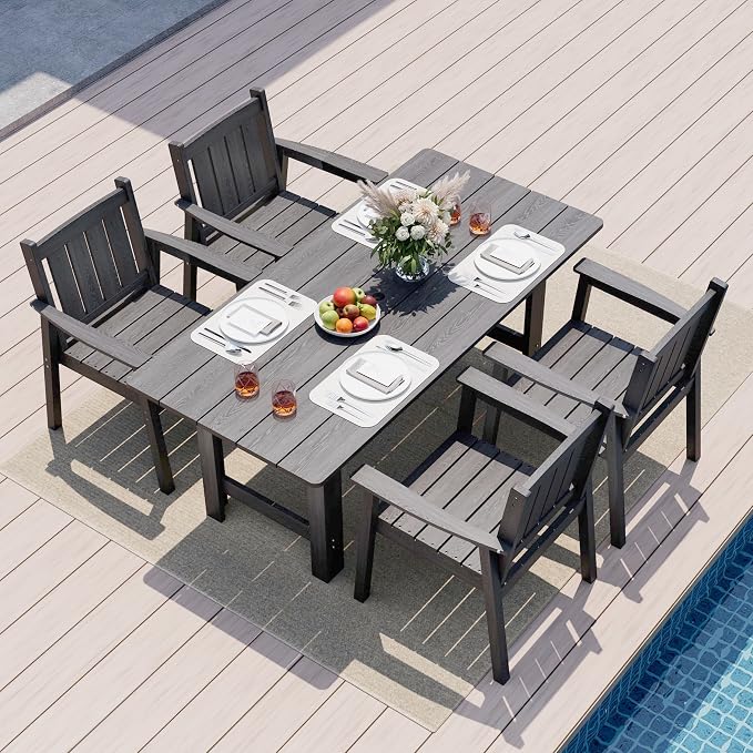 Pamapic 5-Piece Outdoor Dining Set, HDPE Outdoor Rectangular Table and 4 Chairs, Wood Grain Patio Furniture Sets with Armrest, All-Weather Patio Dining Table with Umbrella Hole, Gray by Pamapic