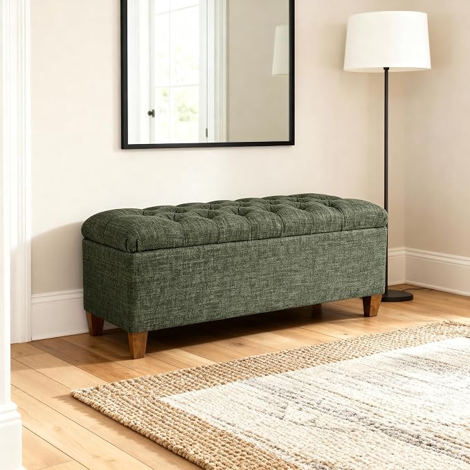 Homepop Home Decor Tufted Ainsley Button Storage Ottoman Bench with Hinged Lid Ottoman Bench with Storage for Living Room & Bedroom, Green Clover Fabric - Image 2