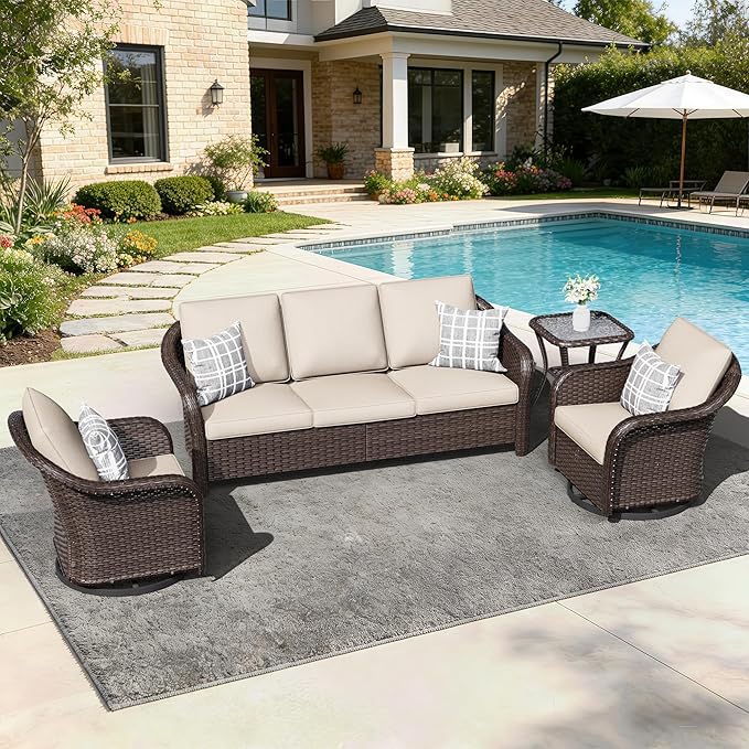4 PCS Patio Conversation Set | 78" Couch, 2 Swivel Chairs, 1 Side Table， Outdoor Wicker Conversation Furniture with Removable Cushions for Bistro, Deck, Sunroom(Beige)