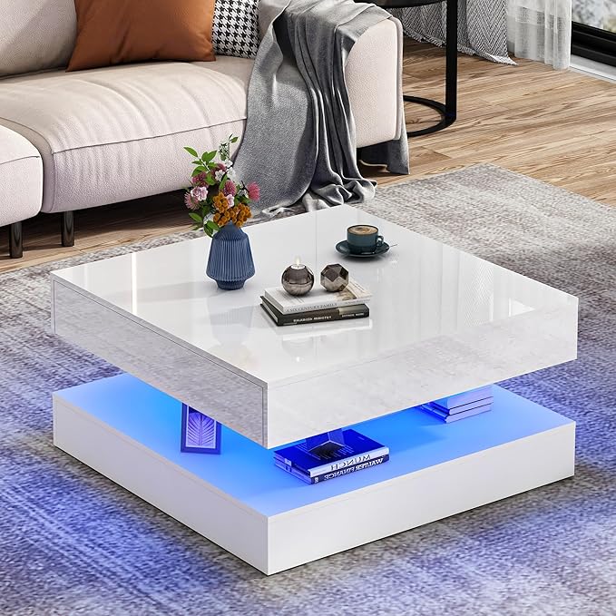 33.9" LED Coffee Table with Storage, Modern High Glossy Living Room Table w/2 Drawers,Double-Layer Design Large Square Center Table for Living Room, Home, Office, White