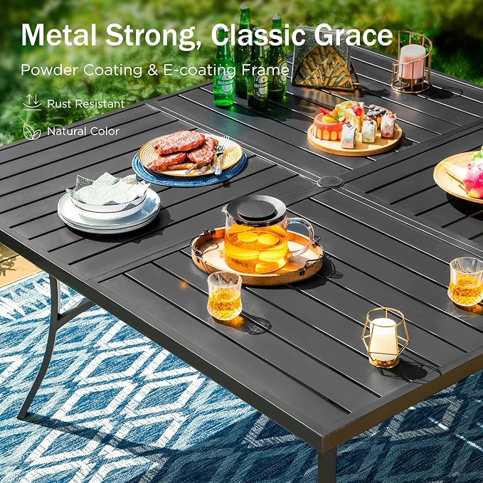 PHI VILLA Large Outdoor Square Dining Table for 8, 60" Metal Steel Slat Table with Umbrella Hole, Weather-Resistant Dining Fruniture for Patio, Deck, Backyard, Porch - Black - Image 7