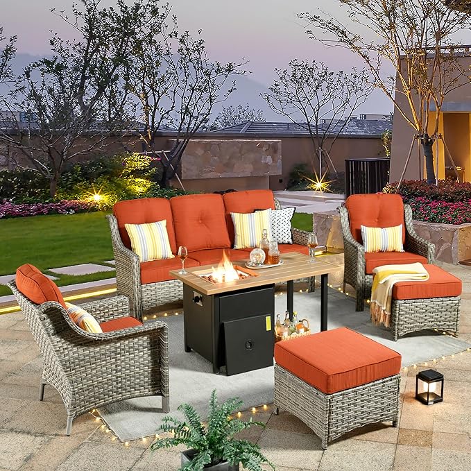 HOOOWOOO 6 Piece Patio Furniture Sets with Fire Pit Table,Outdoor Wicker Furniture Set,All Weather Resistant Outside High Back Rattan Conversation Set for Out Door(Orange Red)