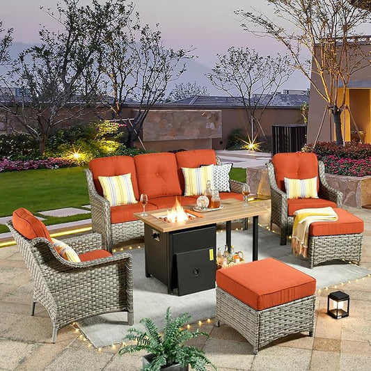 HOOOWOOO 6 Piece Patio Furniture Sets with Fire Pit Table,Outdoor Wicker Furniture Set,All Weather Resistant Outside High Back Rattan Conversation Set for Out Door(Orange Red)