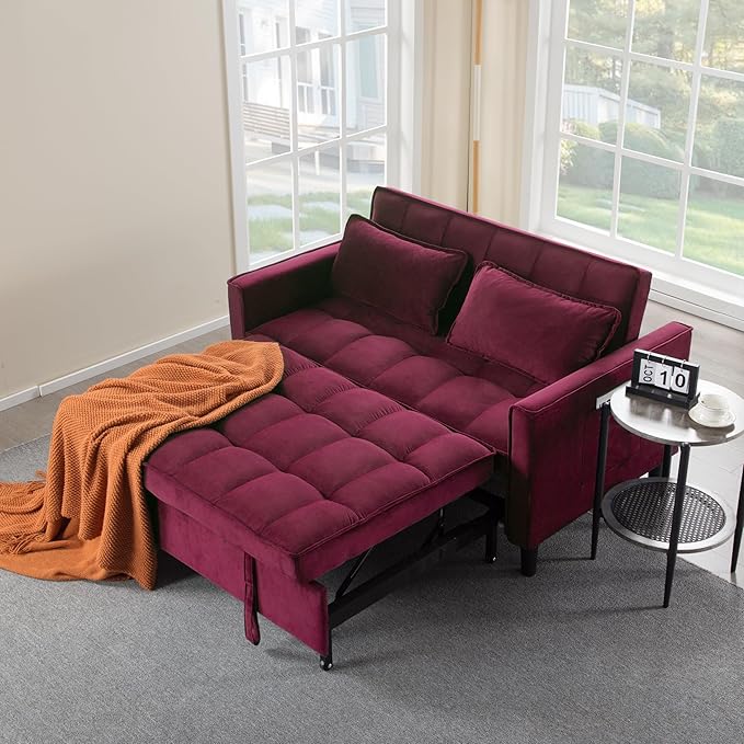 3 in 1 Convertible Sofa Bed, Love Seat Sleeper Bed with Side Pockets, Velvet Fabric Pull Out Couch with Adjustable Backrest for Living Room, Bedroom, Apartment, Purplish-Red