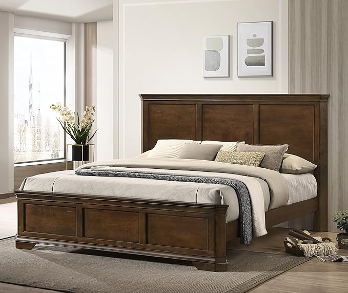 Roundhill Furniture Maderne 3-Piece Bedroom Set with Queen Size Panel Bed and Two Nightstands, Antique Walnut Finish