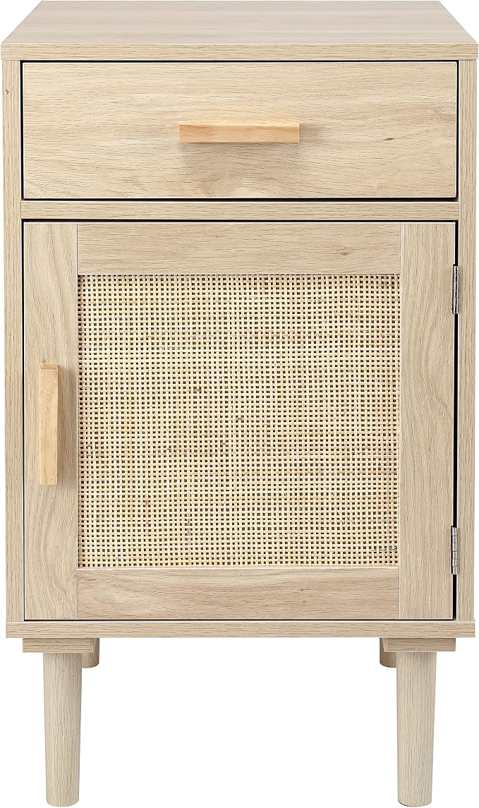 Finnhomy Tall Nightstands Set of 2, Night Stand, Bedside Table Set of 2 with Drawer and Shelf, Hand Made Rattan Decorated Doors, Nightstands with Storage for Bedroom, Natural, 2 Pack - Image 8