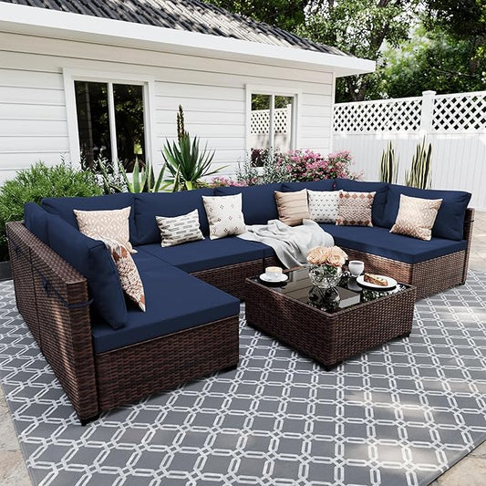 UPHA 7 Pieces Patio Furniture Sets, Wicker Outdoor Sectional Sofa Couch with Coffee Table, Patio Conversation Set for Deck Backyard Garden, Brown Rattan, Navy Blue Cushion