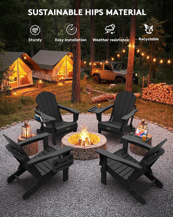 SERWALL Folding Adirondack Chair, Patio Adirondack Chairs with 4 in 1 Cup Holder Trays, All Weather Fire Pit Chair for Outdoor, Garden - Black - Image 8
