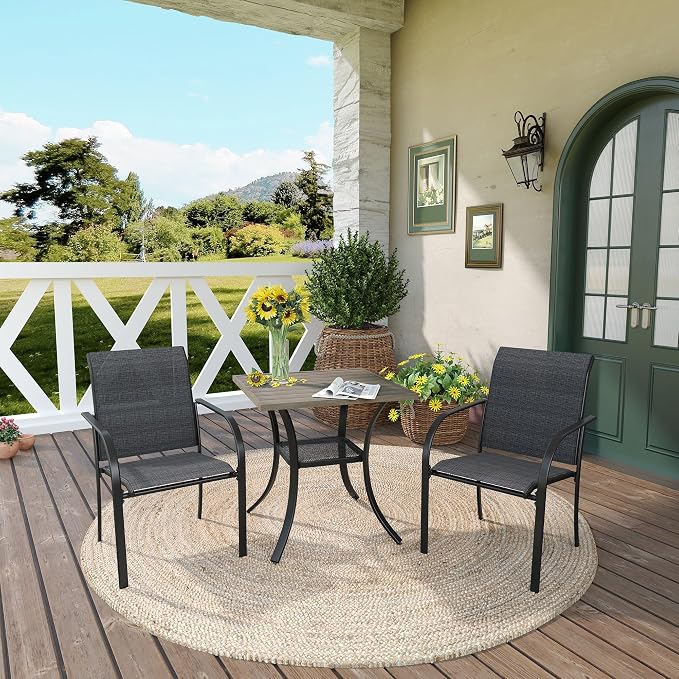 DIFY 3-Piece Outdoor Patio Bistro Dining Set, Grey Wood-Like Small Square Dining Table & 2 Grey Stackable Metal Chairs with Breathable Fabric, Outdoor Furniture Set for Balcony, Porch, and Deck by DIFY