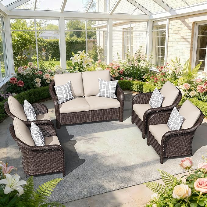 5 PCS Outdoor Conversation Set | 55" Couch, 4 Chairs, Patio Wicker Conversation Furniture with Removable Cushions for Bistro, Deck, Sunroom (Beige)