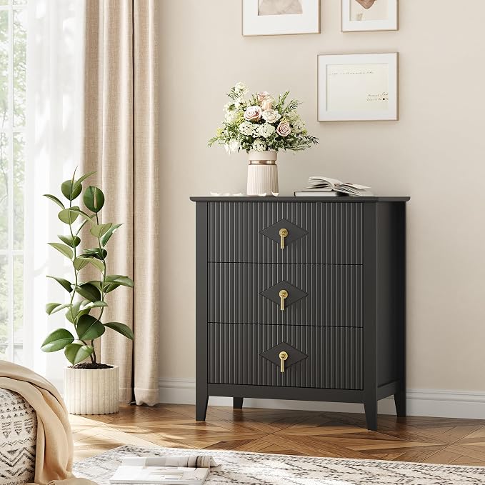 GarveeHome Wood Nightstand Fluted Dresser for Bedroom, 27.5" Wide 3-Drawer Bedside Tables, Modern Chest of Drawers, Storage End Table Living Room, Hallway, Entryway, Black - Image 8
