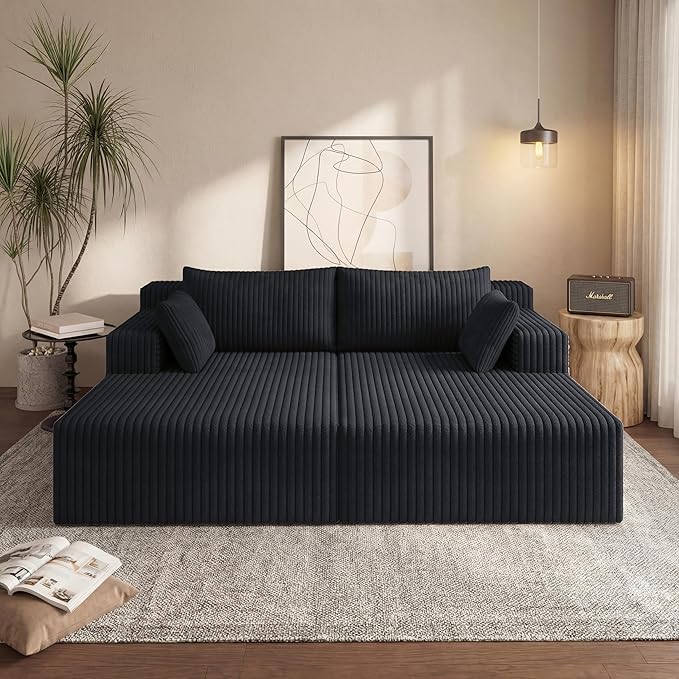 71-Inch Fluffy Corduroy Boneless Sleeper Daybed Loveseat Double Recliner Chaise Lounge Sofa Couches, Floor Cloud Sofa Chaise W/4 Pillows for Home Apartment Living Room