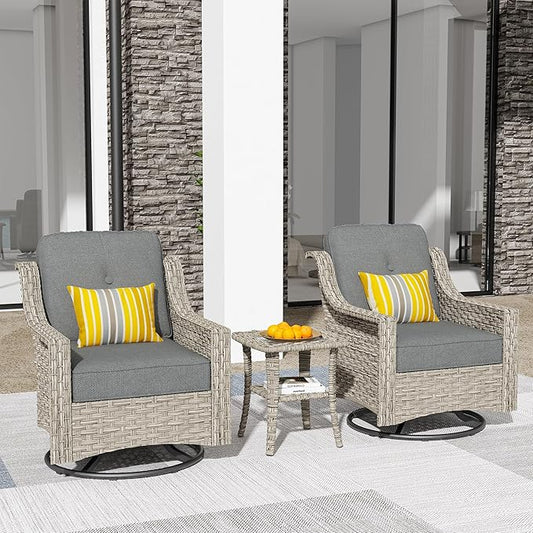 HOOOWOOO 3 Piece Patio Furniture Bistro Sets,Outdoor Wicker Swivel Rocking Chairs with Table Set,All Weather Resistant High Back Rattan Conversation Set(Dark Grey Gray)