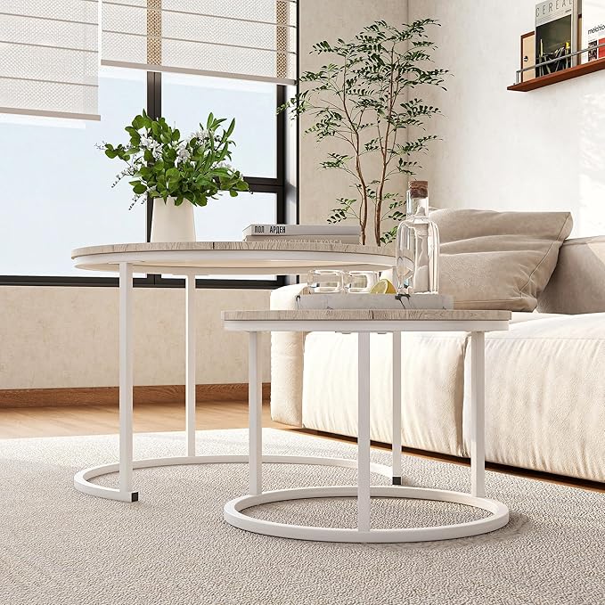 HOJINLINERO Round Coffee Table,Nesting Coffee Table Set of 2,Center Tables for Living Room,Office, Home Small Space,Stacking Side Tables,Sturdy and Easy Assembly,Wood Desktop,Oak+White,Large