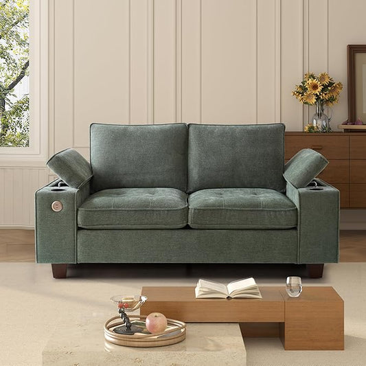 74" Loveseat Couch for Living Room, Modern Chenille Upholstered Sofa with Adjustable Armrest,Storage,Cup Holders,USB & Type-C Ports,Solid Wood 2-Seater Loveseat Sofa for Apartment(Green)