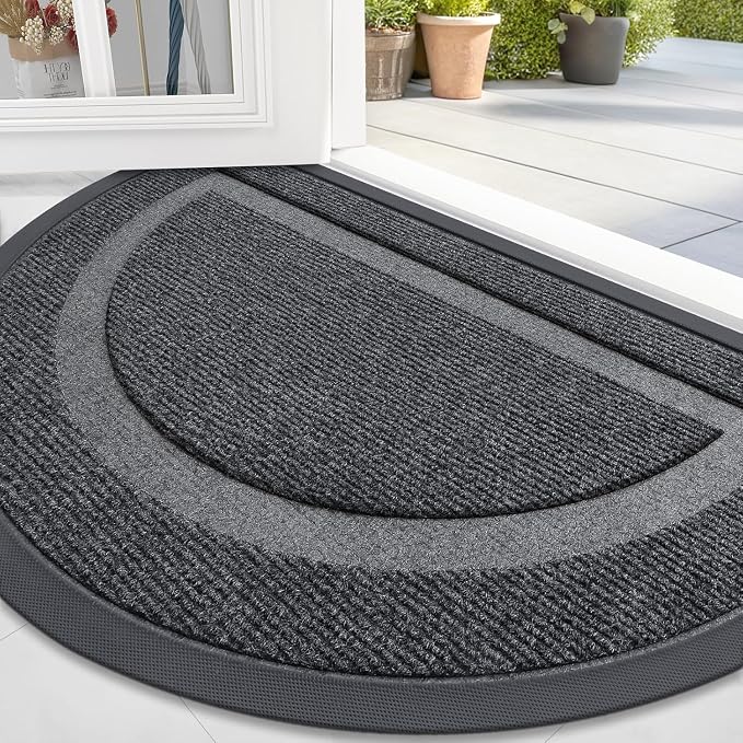 OLANLY Half Circle Door Mat Indoor Outdoor Entrance Welcome, Waterproof All-Season, All-Weather Doormat, Sturdy Natural Rubber, Low Profile, Easy Clean Patio Porch Entryway Mat, 36x24, Grey by OLANLY