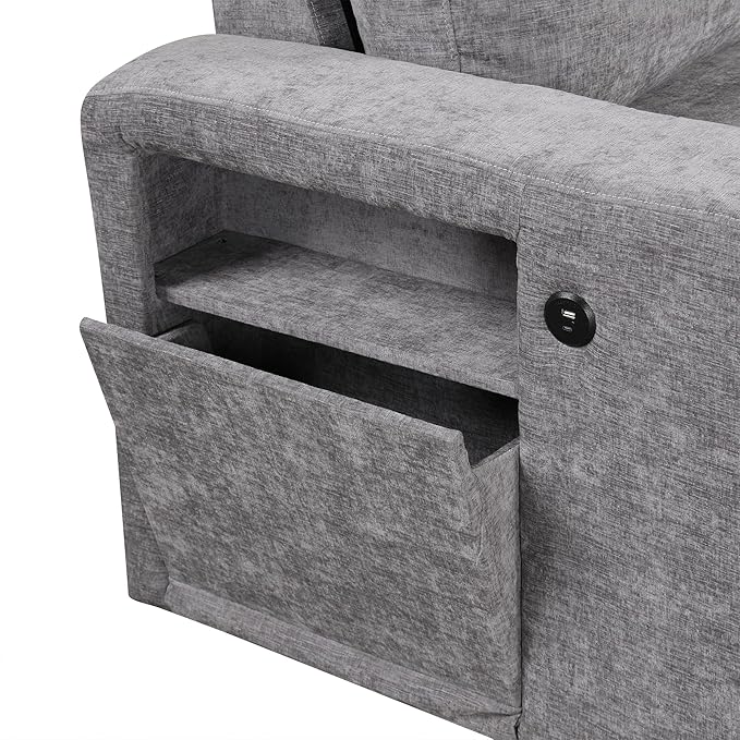 Ball & Cast 90.6" Convertible Sectional Couches Fabric Sofa Set with Pull Out Bed,L-Shaped Modular Padded Cloud w/Storage Space and USB Ports & Cup Holders on The Armrests,for Living Room,Gray