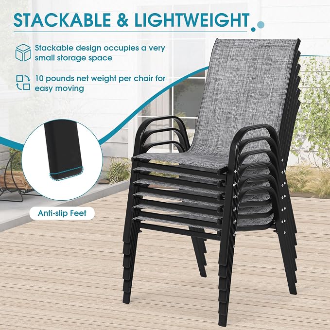 Outdoor Stackable Chairs Set of 6, Stacking Patio Chairs with Textilene Fabric, Outside Furniture for Garden Backyard Balconie Poolside Deck, Grey - Image 5