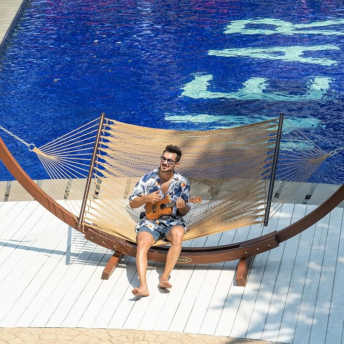 Lazy Daze Hammocks 10.5 FT Double 2 Person Caribbean Rope Hammock, Hand Woven Polyester Hammock with Spreader Bars, for Outside Outdoor Backyard Patio Poolside, 450 LBS Capacity, Tan - Image 2