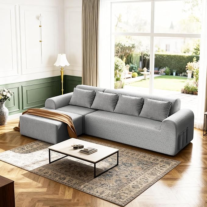 Rengue 105.5" Cloud Boneless Sectional Sofa for Living Room, 4-Seater L-Shaped Comfy Couch with Ottoman, 4 Pillows, Deep Seat Chenille Sofa, No Assembly Required (Light Grey) 72h to Restore