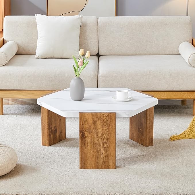 31 inch Modern Coffee Table Small Hexagon Marble Top and Wood Legs, Compact Living Room Coffee Table 250lbs Capacity, Quick Assembly Nordic Style