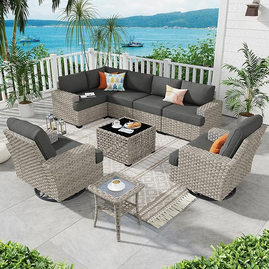ovios 9 Piece Patio Sectional Furniture with Swivel Rocking Chairs, Rattan Wicker Coversation Set with Glowing Coffee Table, Outdoor Sofa Set for Outside Porch Balcony Backyard Pool,Black