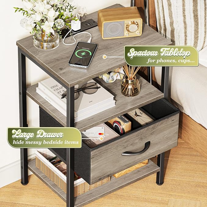 SUPERJARE Nightstand with Charging Station, Bed Side Table with Adjustable Fabric Drawer, Night Stand for Bedroom, 3-Tier Storage End Table, for Living Room, Oak - Image 5