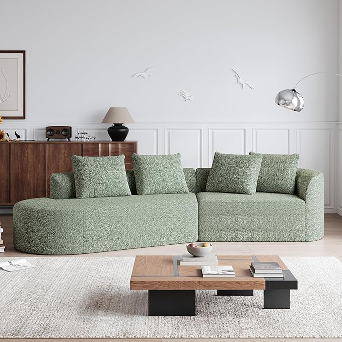 112" Modern Cloud Sectional Sofa, Chenille 4-Seater Curved Couch with 4 Pillows, Extra Deep & Wide Seat, No-Assembly Compressed Upholstered Living Room Sofa for Bedroom,Apartment,Green Right