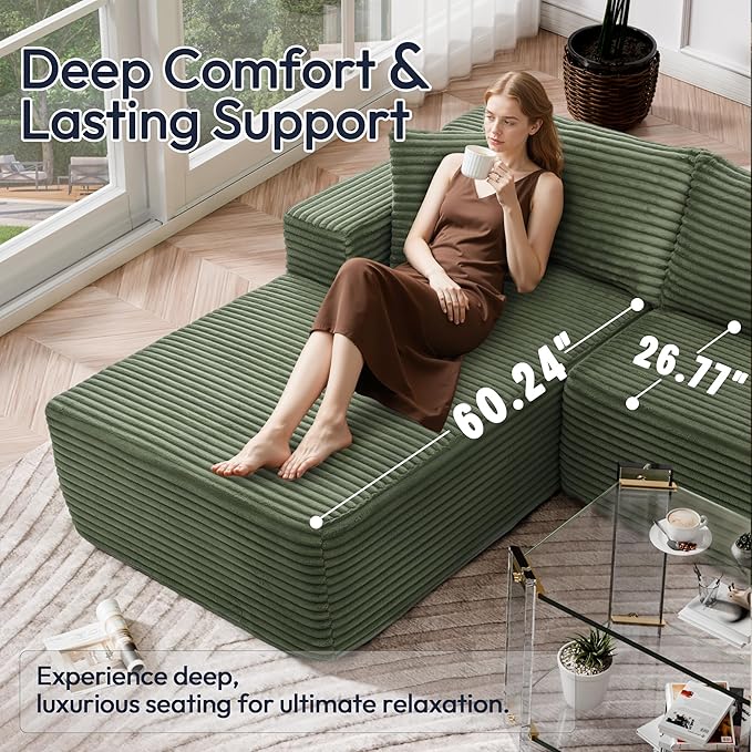 Cloud Sectional Couch, Modular Sectional Sofa with Right Chaise Lounge, Modern Modular L-Shape Sofa with Pillows & Deep Seat, Boneless Couches for Living Room Bedroom, Green